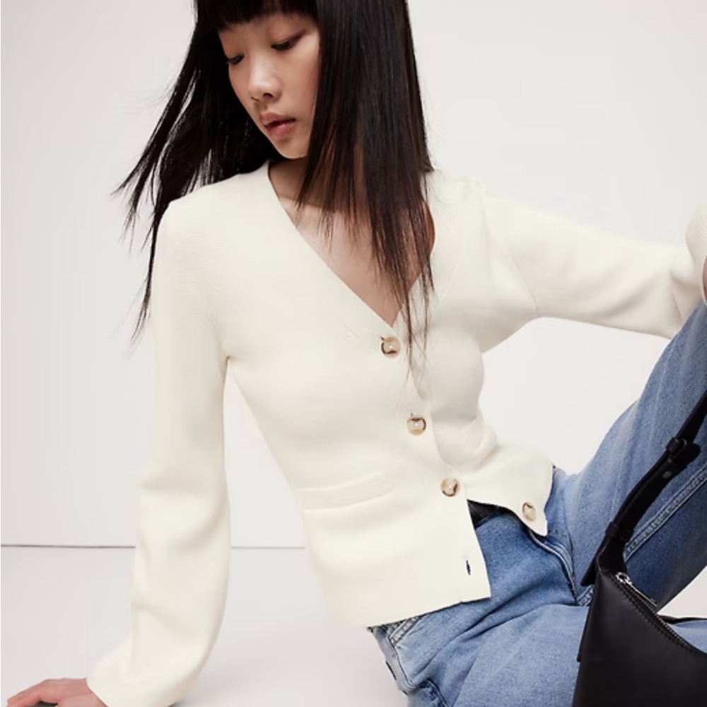 COTTON-SILK FLARE-SLEEVE CARDIGAN, IVORY, S